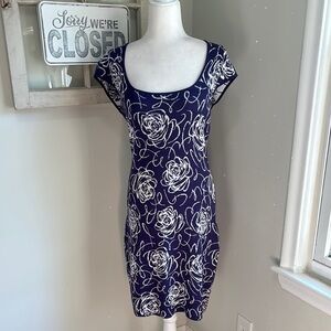 Krimson Klover Rose Floral Print Knit Cap Sleeve Sweater Dress Blue White NWT